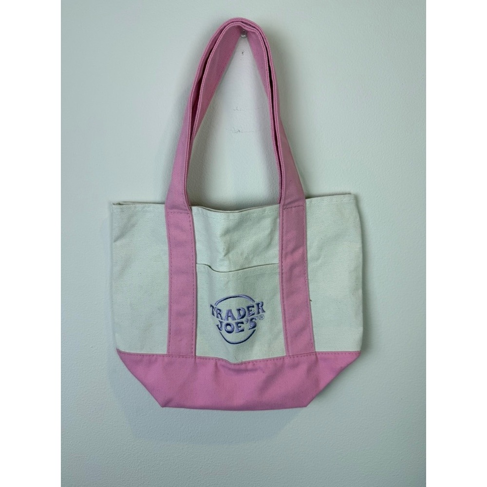 Trader Joe's Mini Pastel Canvas Tote Bag Pink Cream Limited Edition NWT